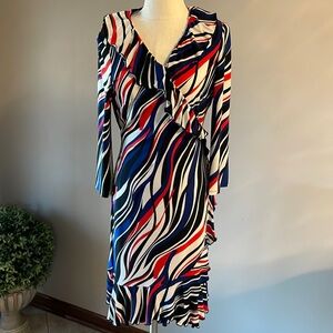 NINE WEST ruffled wrap stretch dress with belt tie Size 12 red white and blue